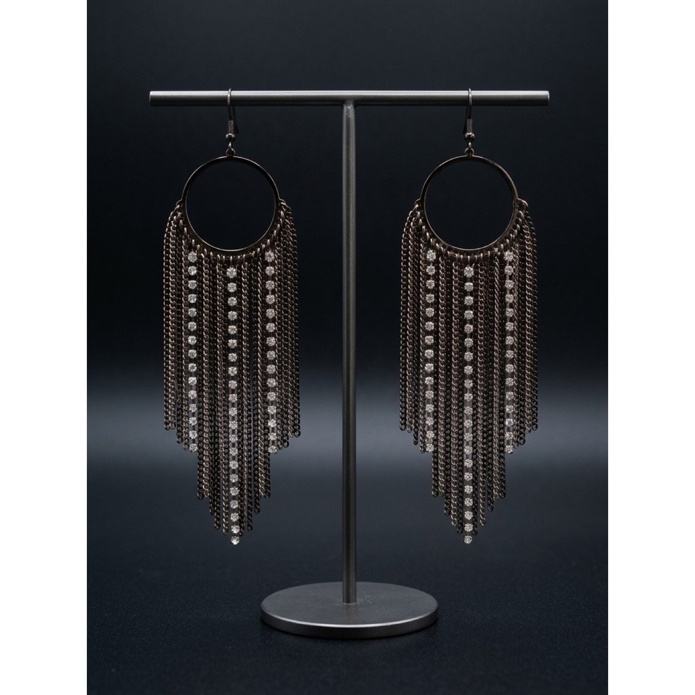 BEBE Rhinestone Chain Fringe Hoop Statement Earrings Glam Y2K